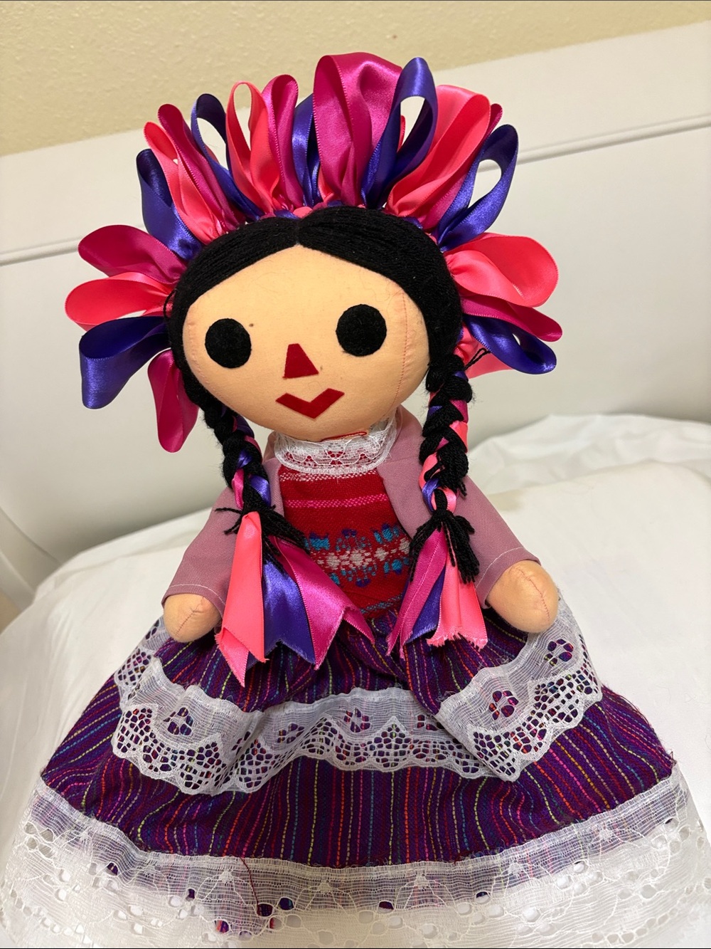 Handmade Pink & Purple Ribbon Hair Mexican Doll - Kids Toy